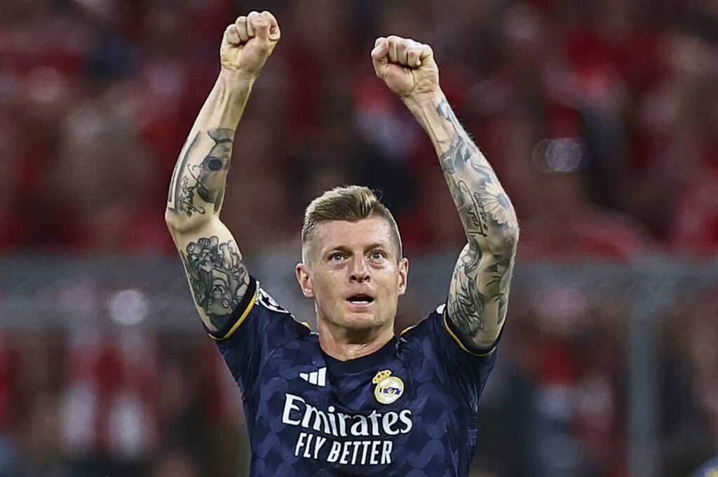 Real Madrid's Toni Kroos celebrates after the team scored the 1-0 lead during the UEFA Champions League semi final, 1st leg match against Bayern Munich, Munich, Germany, April 30, 2024. (EPA Photo)