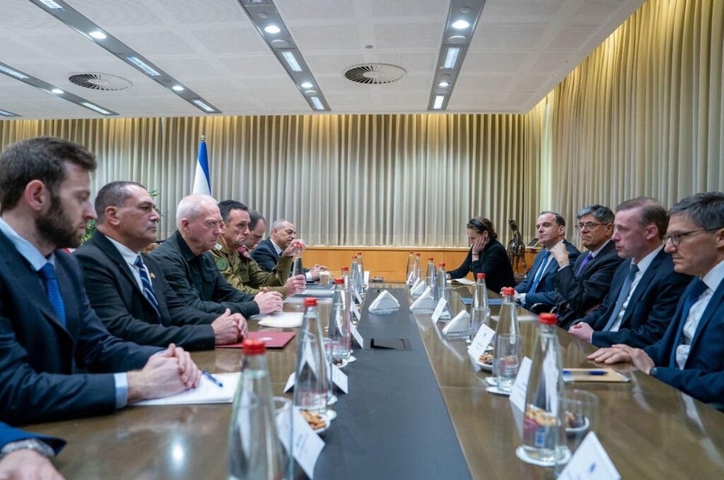 A handout photo made available by Israel's Government Press Office (GPO) shows Israel's Defense Minister Yoav Gallant (3-L) with US National Security Advisor Jake Sullivan (2-R) during a meeting at the Ministry of Defense Headquarters in Tel Aviv, Israel, May 20, 2024. (Israeli Defense Ministry Handout via EPA)