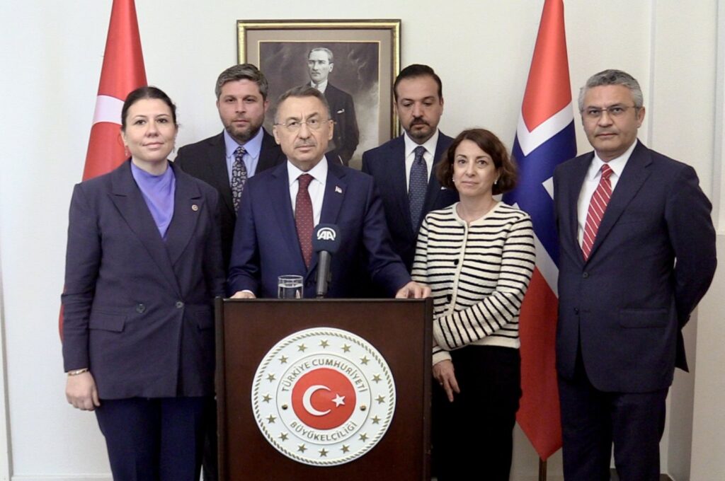 Fuat Oktay, chair of the Turkish Parliament's foreign affairs committee (C), speaks in Oslo, Norway, May 24, 2024. (AA Photo)