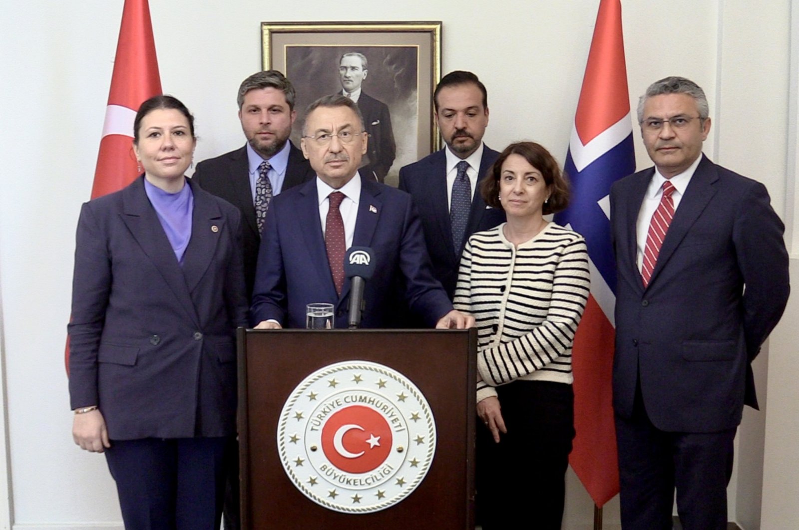 Fuat Oktay, chair of the Turkish Parliament's foreign affairs committee (C), speaks in Oslo, Norway, May 24, 2024. (AA Photo)