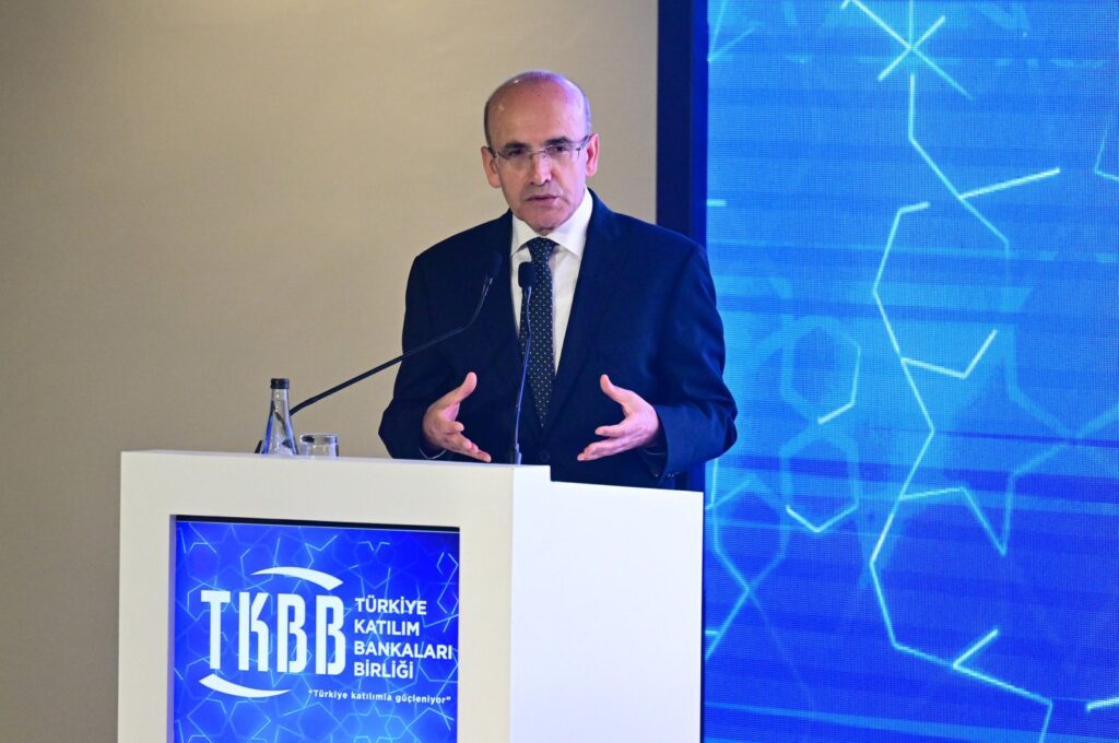 Treasury and Finance Minister Mehmet Şimşek speaks during an event in Istanbul, Türkiye, May 23, 2024. (AA Photo)