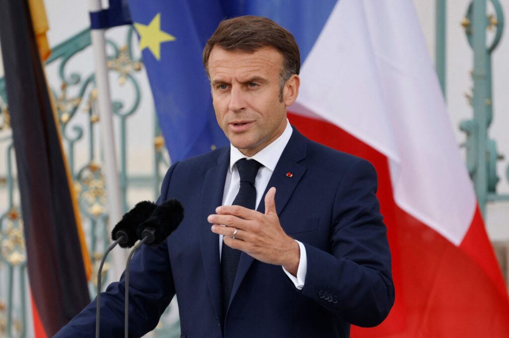 France's President Emmanuel Macron speaks during a joint news conference with the German chancellor at the Schloss Meseberg palace in Meseberg, eastern Germany, May 28, 2024. (AFP Photo)