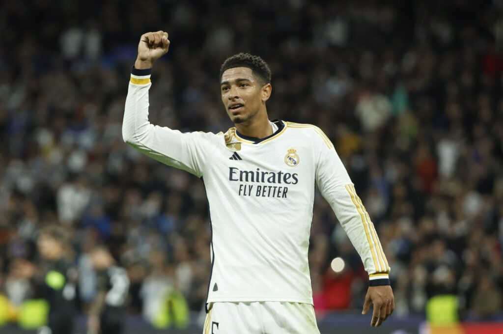 Real Madrid's midfielder Jude Bellingham celebrates after scoring the 2-1 goal during the UEFA Champions League group C match against Napoli, Madrid, Spain, Nov. 29, 2023. (EPA Photo)