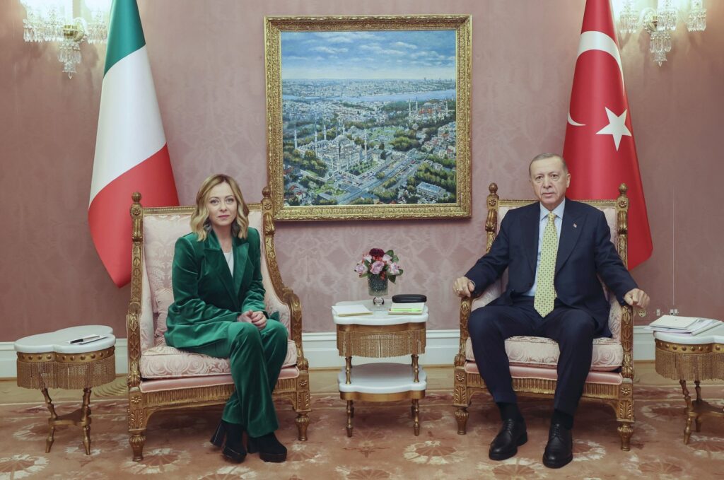 President Recep Tayyip Erdoğan (R) poses for a photo with Italian Premier Giorgia Meloni during their meeting, Istanbul, Türkiye, Jan. 20, 2024. (AP Photo)