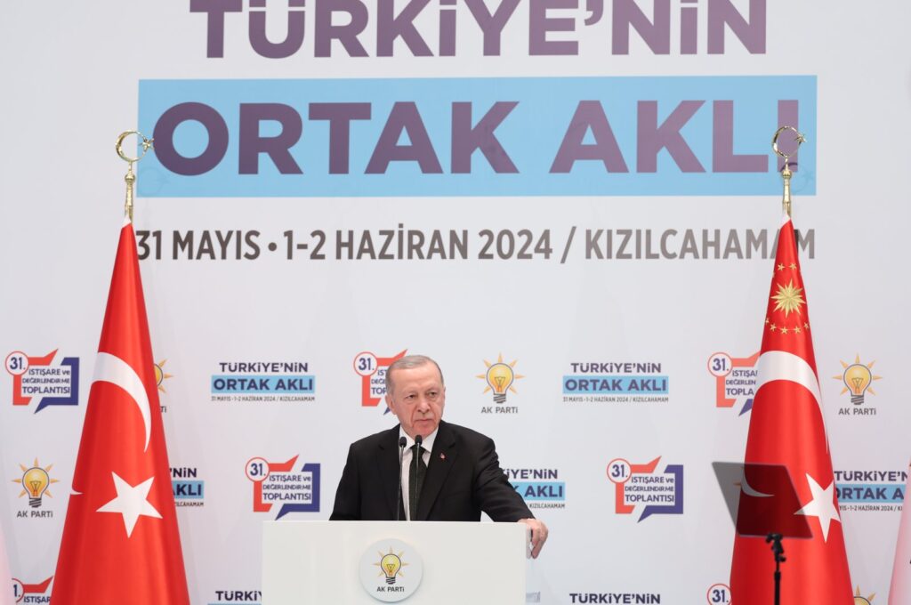 President Recep Tayyip Erdoğan speaks at AK Party's 3-day meeting in Ankara, June 1, 2024. (DHA Photo)