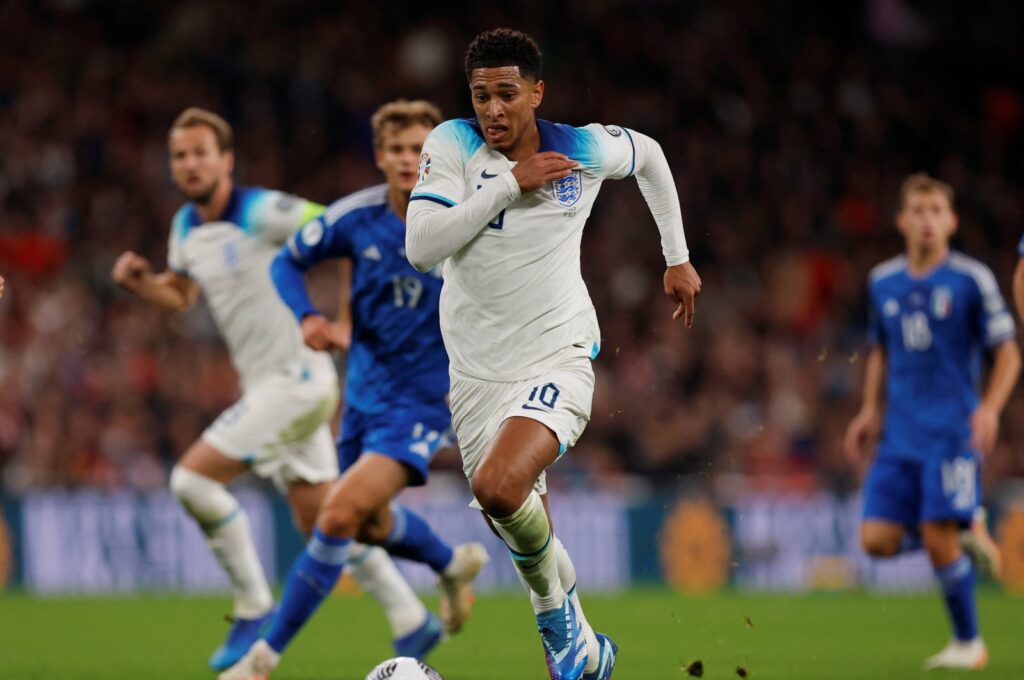 England's Jude Bellingham in action during the Euro 2024 qualifiers, Group C match against Italy at the Wembley Stadium, London, U.K., Oct. 17, 2023. (Reuters Photo)