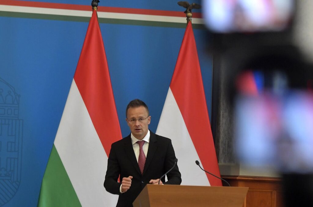 Hungarian Foreign Affairs and Trade Minister Peter Szijjarto speaks during a joint press conference with the Swiss foreign minister following their meeting in Budapest, Hungary, May 23, 2024. (EPA Photo)