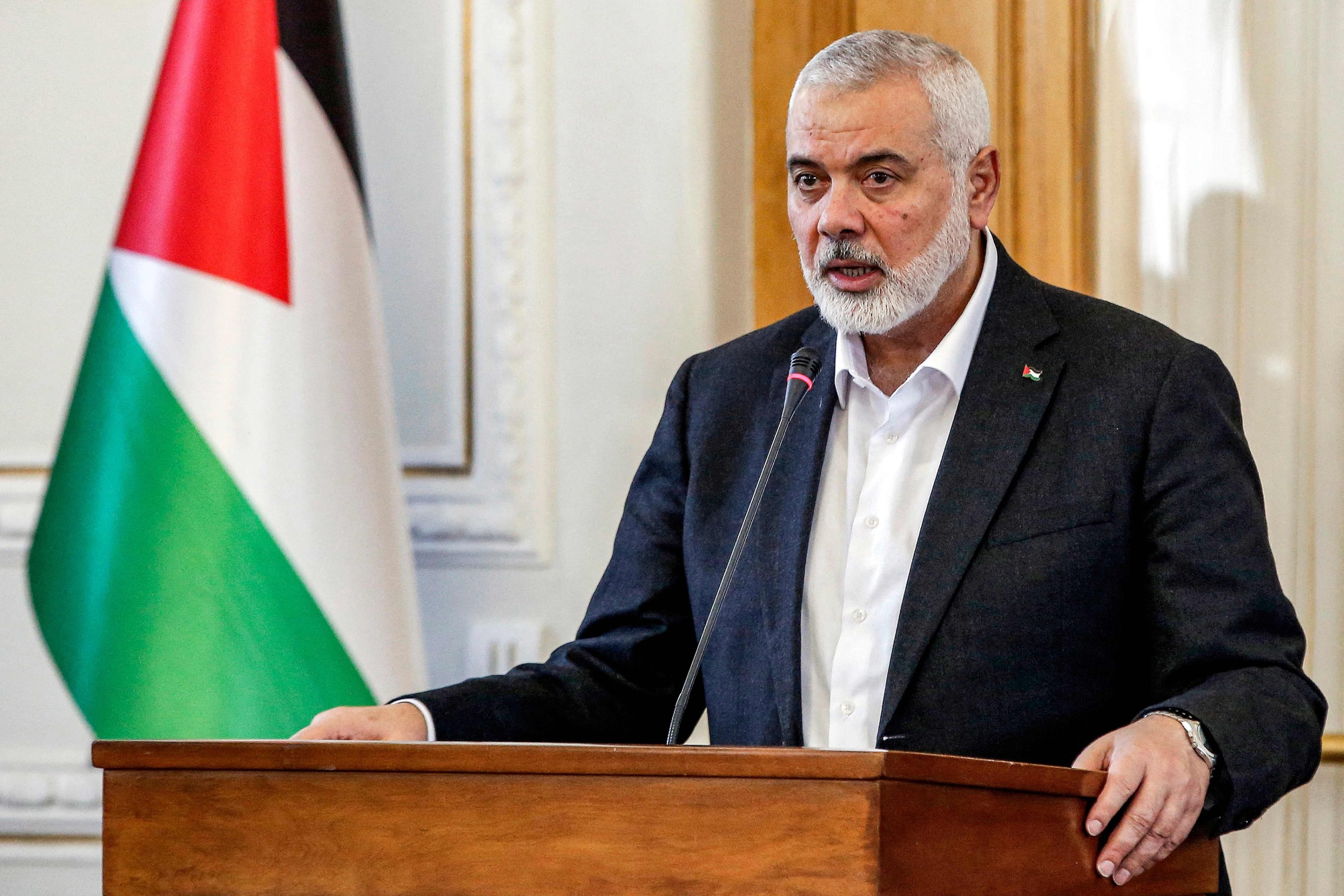 331364 Ismail Haniyeh, the Doha-based political bureau chief of the Palestinian resistance movement Hamas, speaks to the press in Tehran, Iran, March 26, 2024. (AFP Photo)