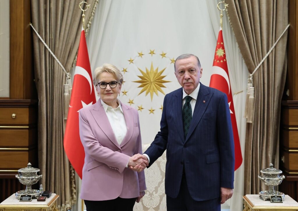 President Recep Tayyip Erdoğan, former Good Party (IP) Chair Meral Akşener shake hands at the Presidential Complex in Ankara, June 5, 2024. (AA Photo)