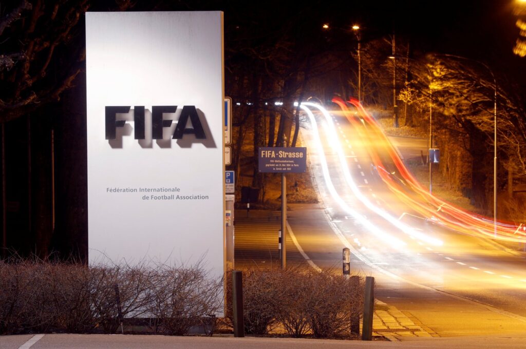 A long exposure shows FIFA's logo near its headquarters, Zurich, Switzerland, Feb. 27, 2022. (Reuters Photo)