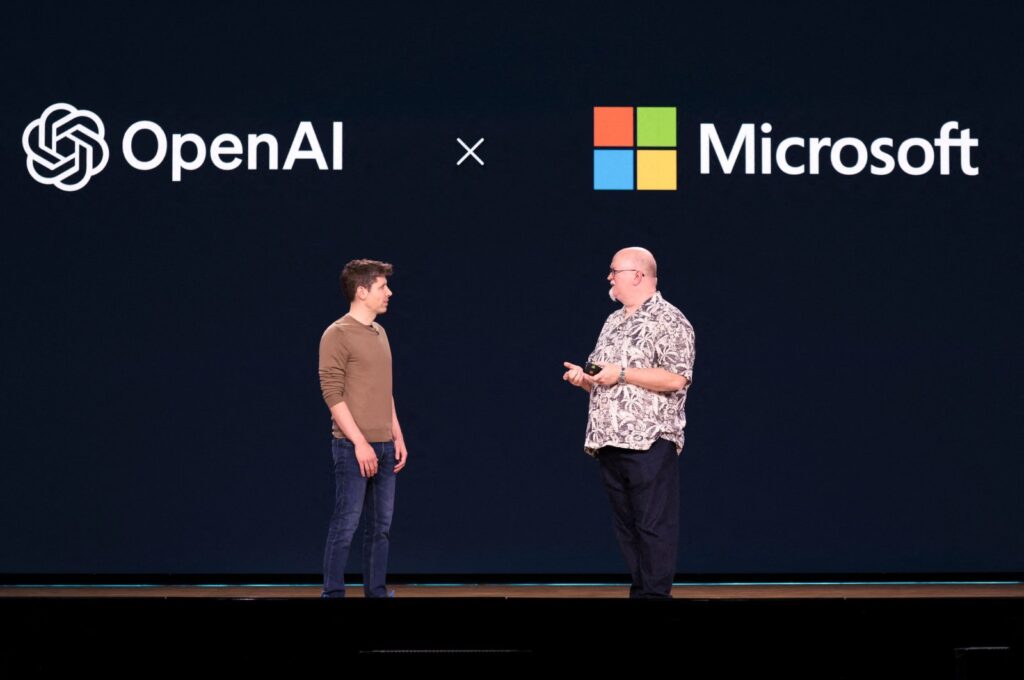 OpenAI CEO Sam Altman (L) speaks with Microsoft Chief Technology Officer and Executive VP of Artificial Intelligence Kevin Scott during the Microsoft Build conference at Microsoft headquarters in Redmond, Washington, U.S., May 21, 2024. (AFP Photo)