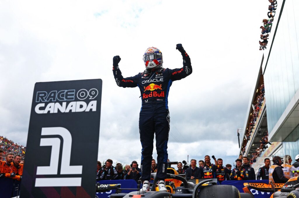 Oracle Red Bull Racing's Dutch driver Max Verstappen celebrates in parc ferme during the F1 Grand Prix of Canada at Circuit Gilles Villeneuve, Montreal, Quebec, Canada, June 09, 2024. (AFP Photo)