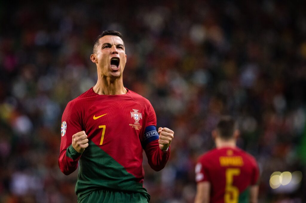 Portugal's Cristiano Ronaldo celebrates a goal during the UEFA Euro 2024 qualifying round group J match against Liechtenstein at Estadio Jose Alvalade, Lisbon, Portugal, March 23, 2023. (Getty Images Photo)