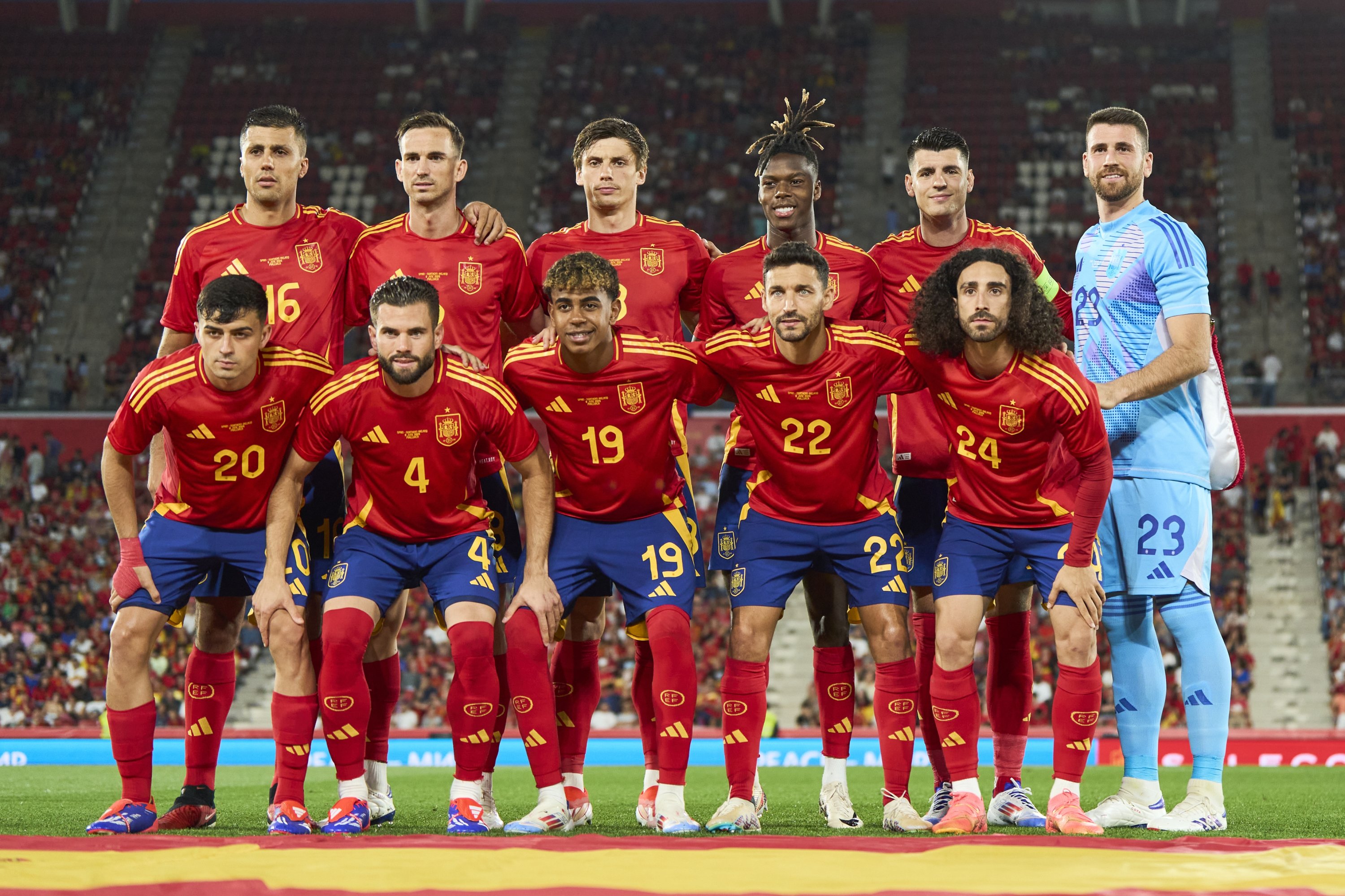 332258 Spain players pose for a team picture during the international friendly match between Spain and Northern Ireland at Estadi de Son Moix, Mallorca, Spain, June 8, 2024. (Getty Images Photo)