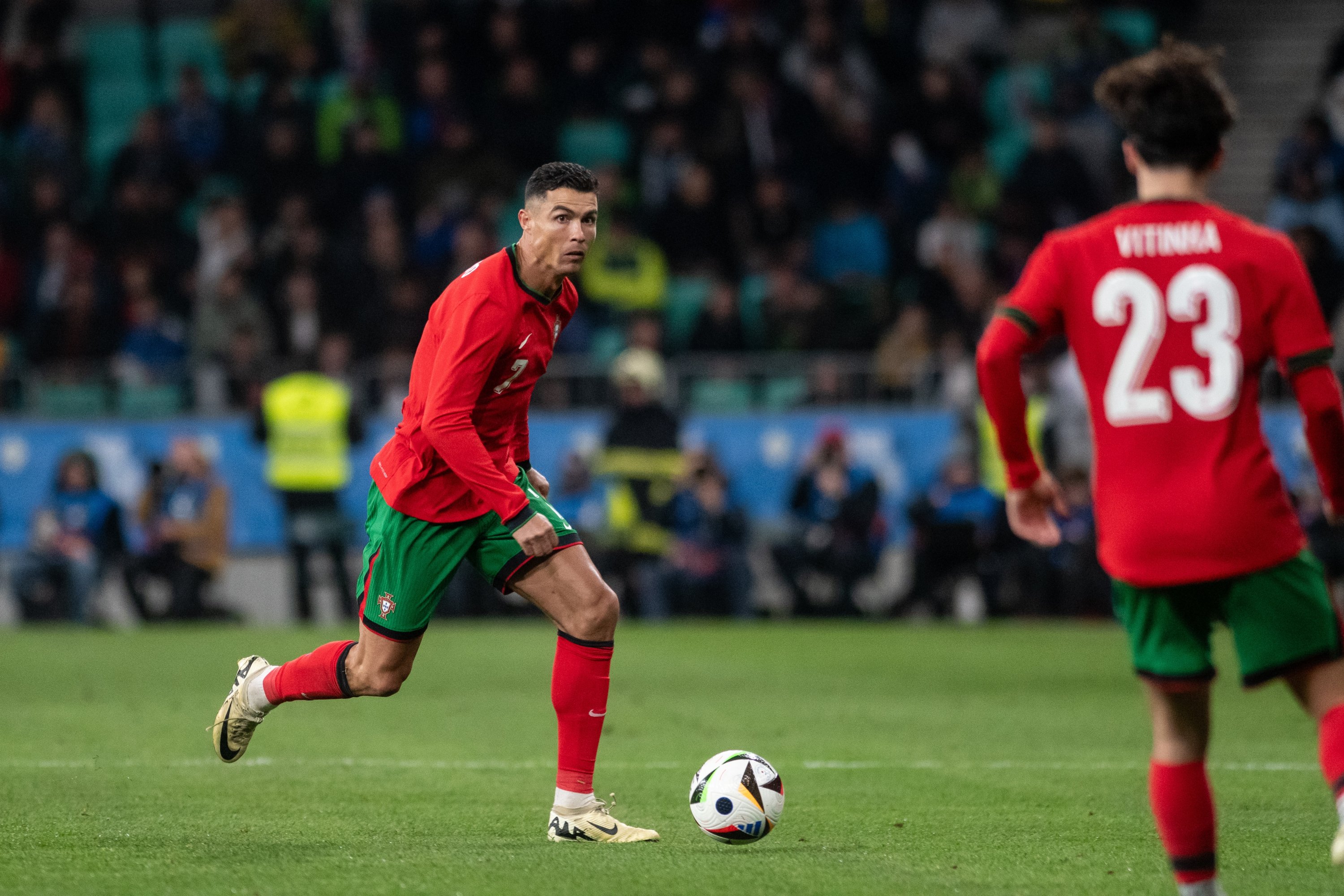 332265 Portugal's Cristiano Ronaldo (L) in action during international friendly match between Slovenia and Portugal at Stozice Stadium, Ljubljana, Slovenia, March 26, 2024. (Getty Images Photo)