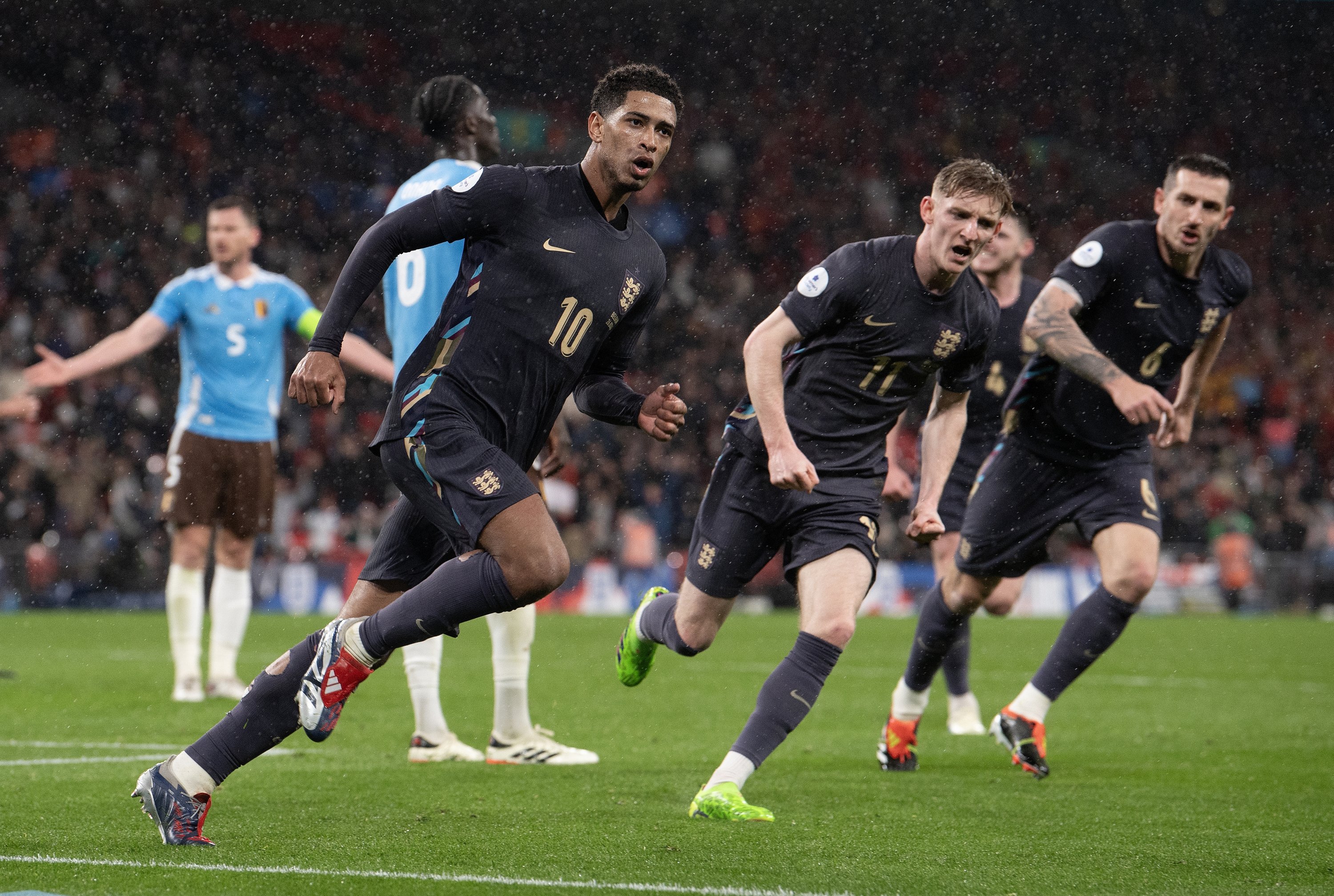 332266 Jude Bellingham (L) celebrates scoring England's second goal during the international friendly match between England and Belgium at Wembley Stadium, London, U.K., March 26, 2024. (Getty Images Photo)
