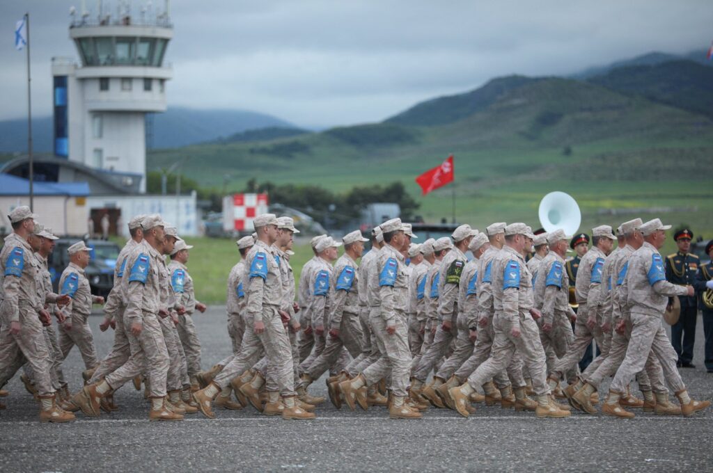 Russian service members attend a base closing ceremony in the course of peacekeeping troops' withdrawal from the territory of Karabakh region and areas nearby, in Khojaly, Azerbaijan, May 15, 2024. (Reuters File Photo)