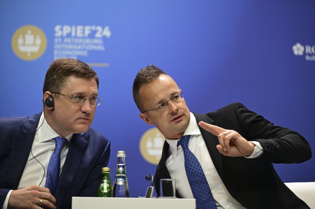 Hungarian Foreign Minister Peter Szijjarto and Russian Deputy Prime Minister Alexander Novak chat during a session of the St. Petersburg International Economic Forum (SPIEF), St. Petersburg, Russia, June 6, 2024. (AA Photo)