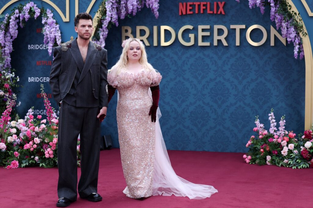 British actor Luke Newton (L) with Irish actor Nicola Coughlan attend the "Bridgerton" Season 3 Part 2 special film screening at Leicester Square, London, U.K., June 12, 2024. (EPA Photo)
