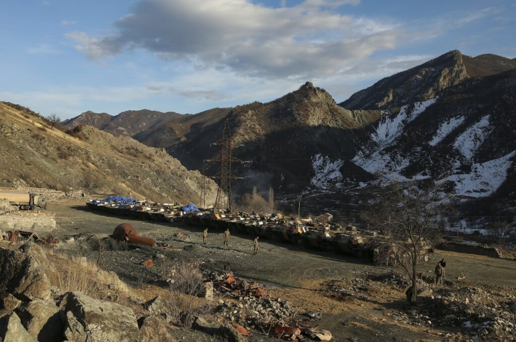 Azerbaijani tanks are parked after the transfer of the Kalbajar region to Baku's control, Azerbaijan, Dec. 2, 2020. (AP Photo)