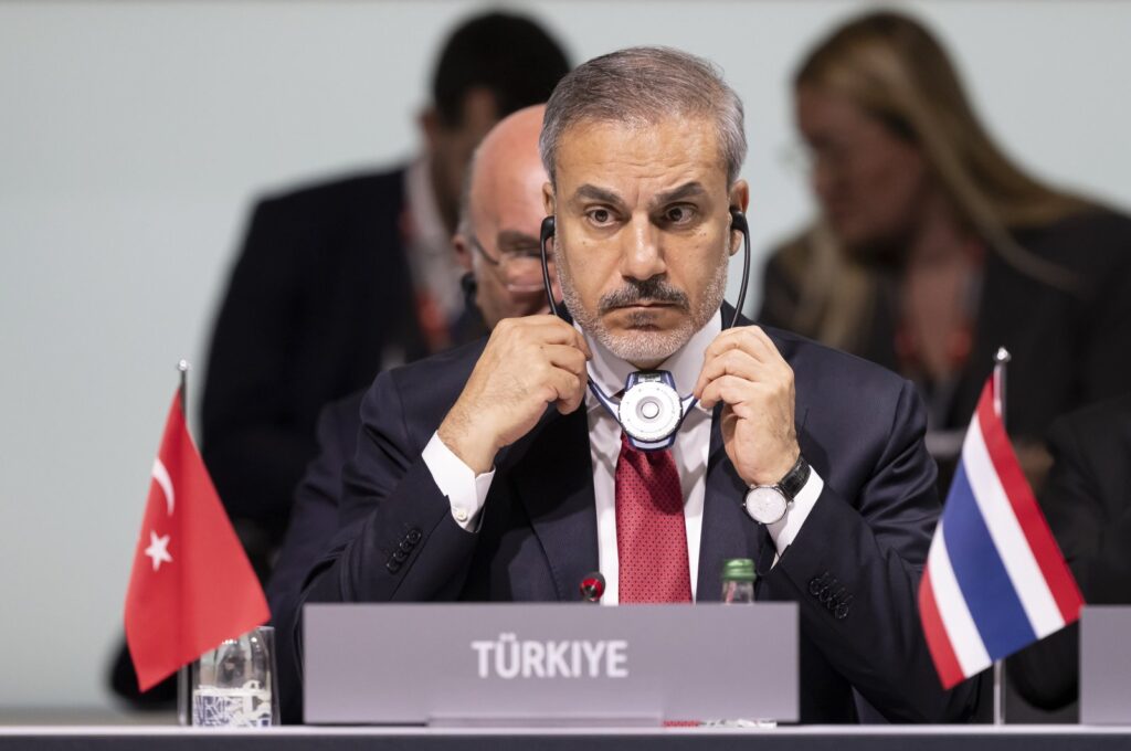 Foreign Minister Hakan Fidan listens to a speech during the opening plenary session of the Summit on Peace in Ukraine, Stansstad near Lucerne, Switzerland, June 15, 2024. (EPA Photo)