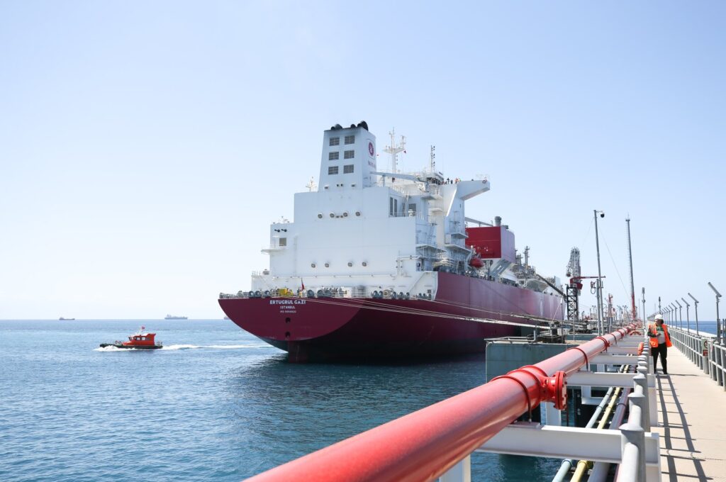 Turkey’s floating storage and regasification unit (FSRU) Ertuğrul Gazi is seen at the port in Dörtyol in Hatay, southern Türkiye, April 22, 2021. (AA Photo)