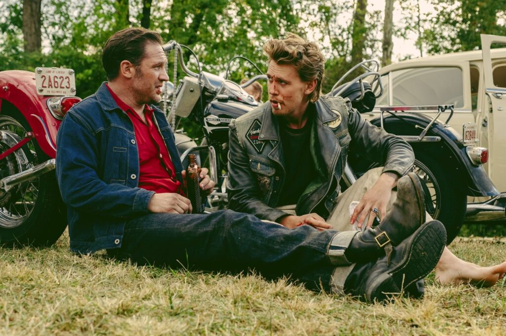 This image released by Focus Features shows Tom Hardy (L) and Austin Butler in a scene from "The Bikeriders." (AP Photo)