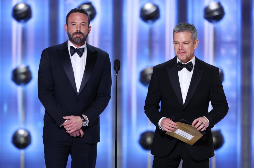 Ben Affleck (L) and Matt Damon at the 81st Golden Globe Awards held at the Beverly Hilton Hotel, Beverly Hills, California, Jan. 7, 2024 . (Getty Images)