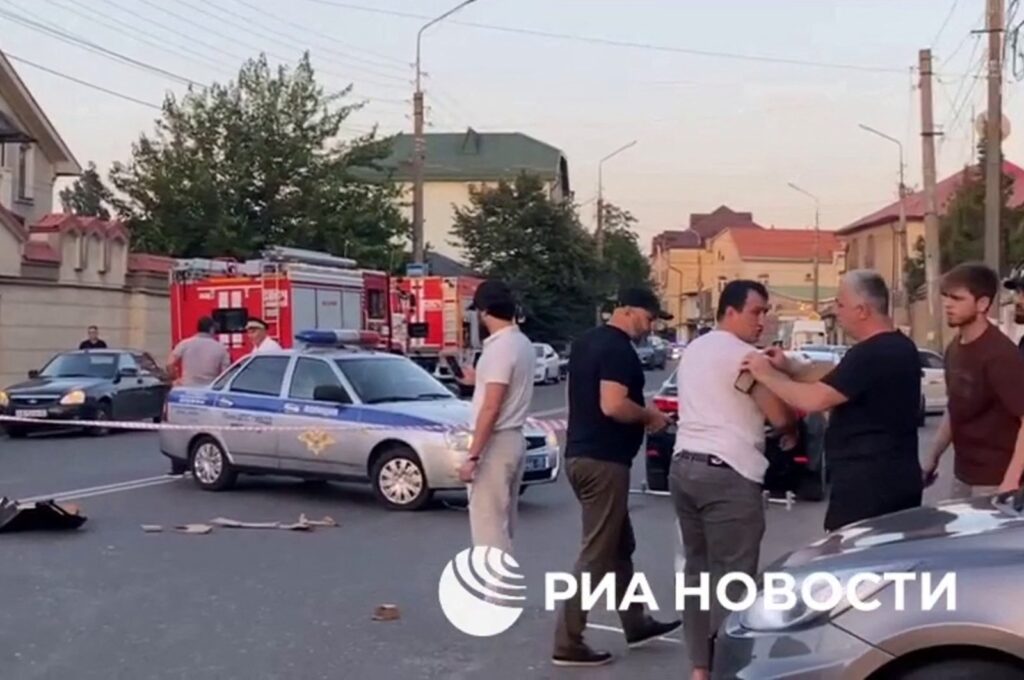 This screengrab shows an area sealed off by Police following deadly attacks on churches and a synagogue in Russia's North Caucasus region of Dagestan, June 23, 2024. (AFP Photo)