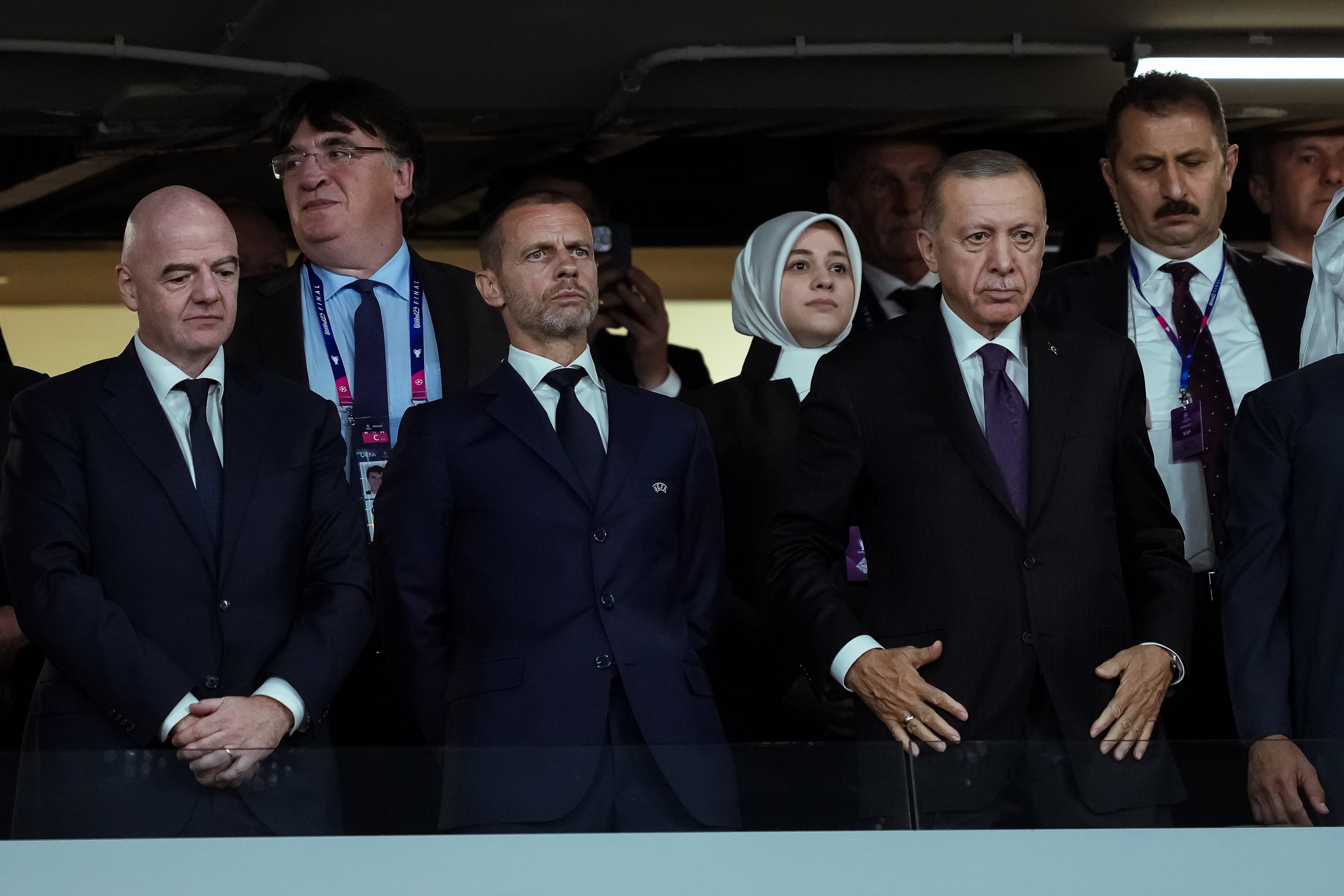 335434 (L-R)FIFA president Gianni Infantino and UEFA president Aleksander Ceferin in the stands with Türkiye's Recep Tayyip Erdoğan during the UEFA Champions League final match between Manchester City and Inter Milan at Atatürk Olympic Stadium, Istanbul, Türkiye, June 10, 2023. (Getty Images Photo)