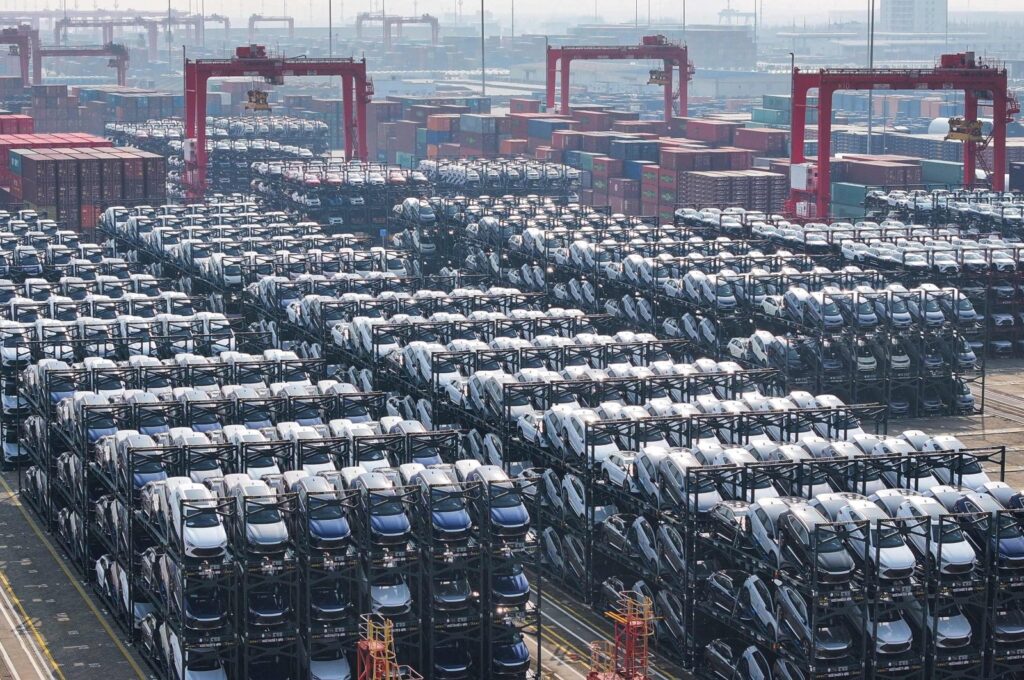 BYD electric cars waiting to be loaded onto a ship are seen stacked at the international container terminal of Taicang Port in Suzhou, in eastern Jiangsu province, China, Feb. 8, 2024. (AFP Photo)