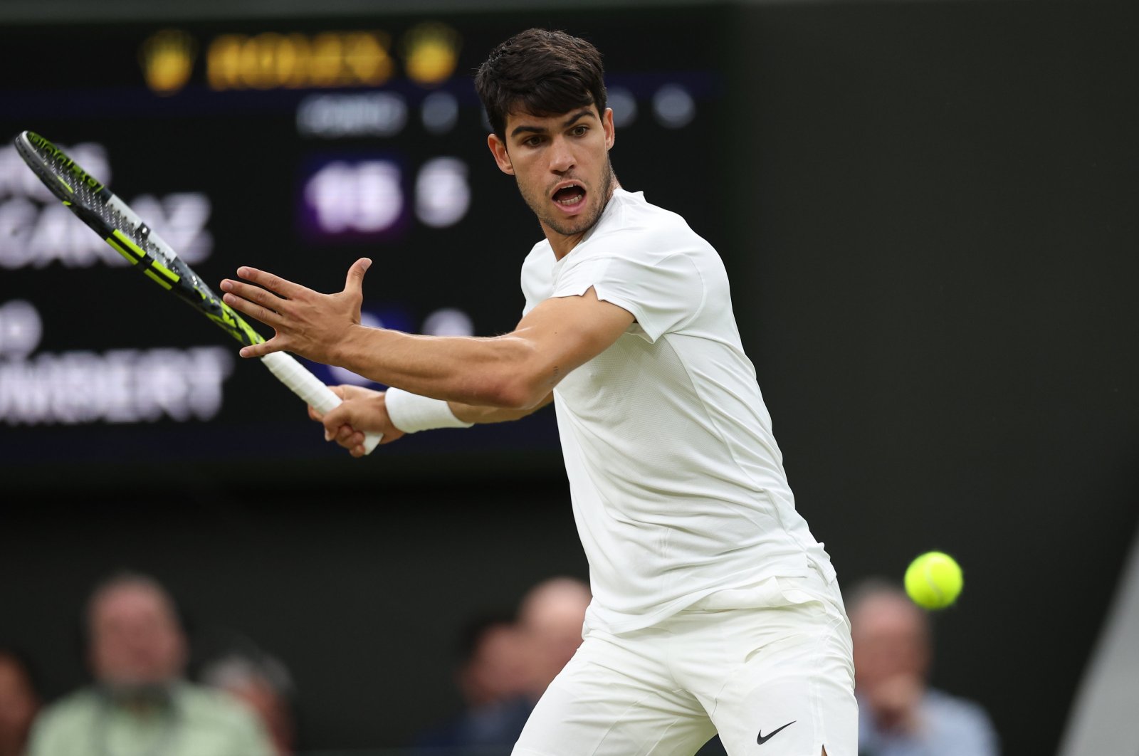 Spain's Carlos Alcaraz in action during his men's singles fourth-round match against France's Ugo Humbert at the Wimbledon Championships, Wimbledon, London, U.K., July 7, 2024. (EPA Photo)