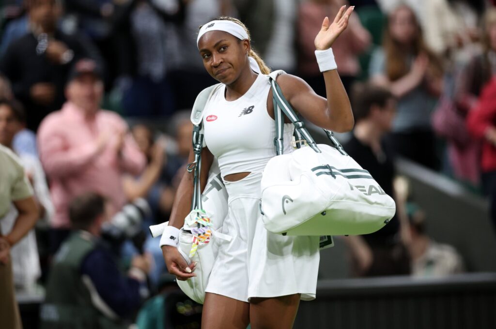 U.S.' Coco Gauff greets the crowd as she leaves the pitch after losing to Emma Navarro during their round of 16 match at the Wimbledon Championships, Wimbledon, London, U.K., July 7, 2024. (EPA Photo)