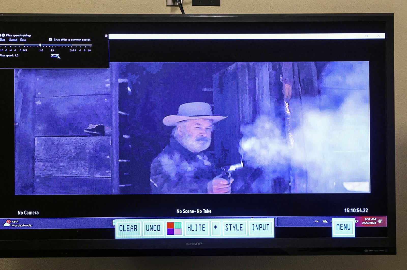A still from a video clip displayed at the First Judicial District Courthouse shows actor Alec Baldwin, during Rust film set armorer Hannah Gutierrez-Reed's involuntary manslaughter trial at the First Judicial District Courthouse, Santa Fe, New Mexico, U.S., Feb. 29, 2024. (Reuters Photo)