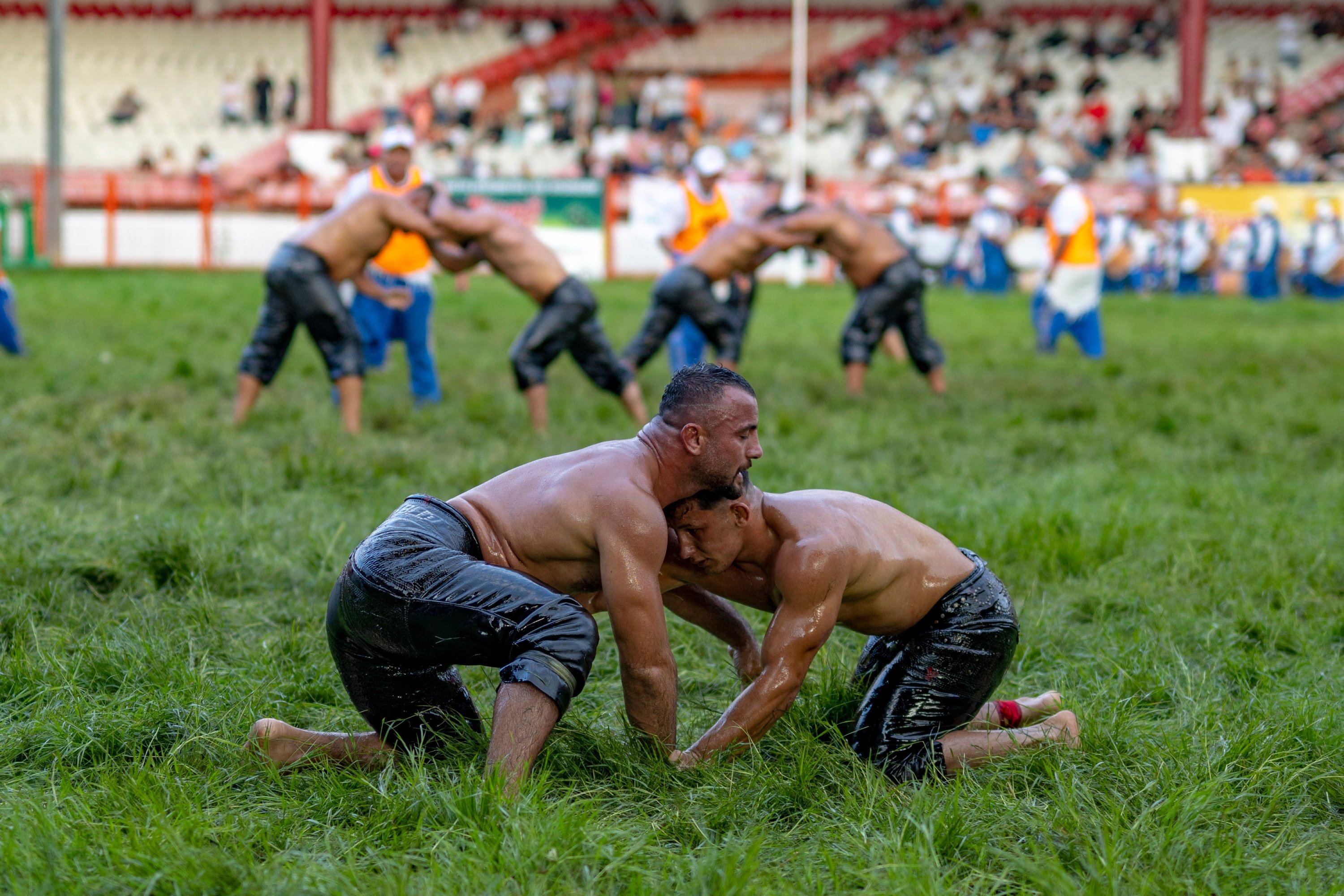 336326 Wrestlers compete during the 663rd edition of the annual Historic Kırkpınar Oil Wrestling championship, Edirne, Türkiye, July 7, 2024. (AFP Photo)