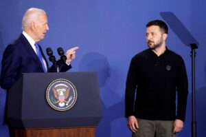 U.S. President Joe Biden (L) speaks alongside Ukraine's President Volodymyr Zelenskyy during a meeting on the sidelines of the NATO Summit in Washington, D.C., U.S., July 11, 2024. (AFP Photo)