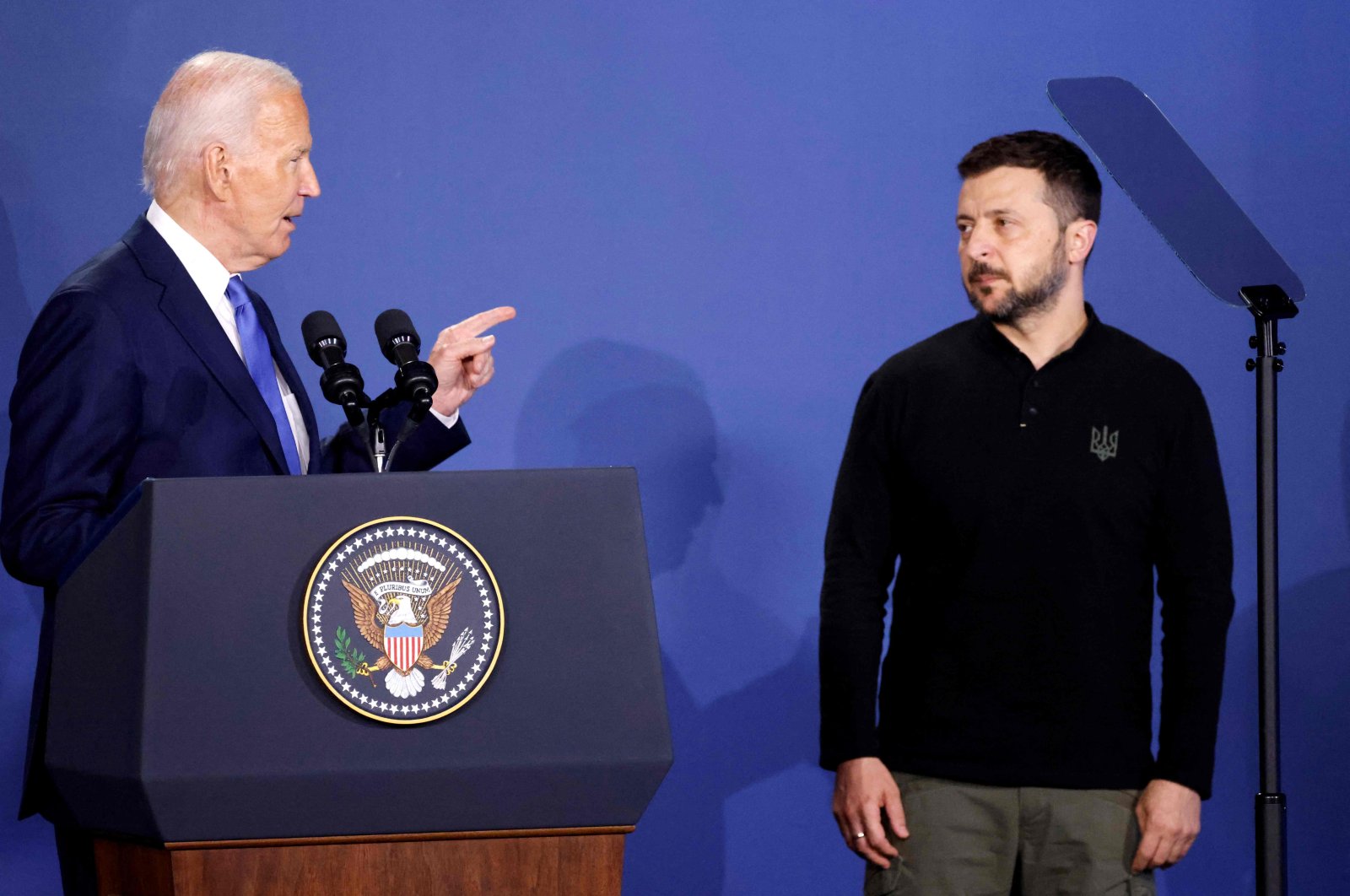 U.S. President Joe Biden (L) speaks alongside Ukraine's President Volodymyr Zelenskyy during a meeting on the sidelines of the NATO Summit in Washington, D.C., U.S., July 11, 2024. (AFP Photo)