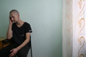 Ukrainian convict Arthur Kachurovsky gestures during a Agence France-Presse (AFP) interview at the Boryspil penal colony outside the town of Boryspil, Kyiv, Ukraine, July 4, 2024. (AFP Photo)