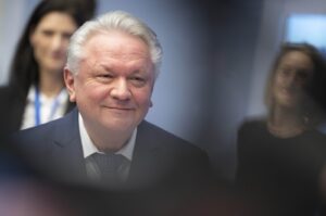 Armin Papperger, CEO of Rheinmetall, a German arms and automotive manufacturer, arrives at the company's launch event, to be included in the Frankfurt Stock Exchange, Frankfurt, Germany, March 20, 2023. (AP Photo)