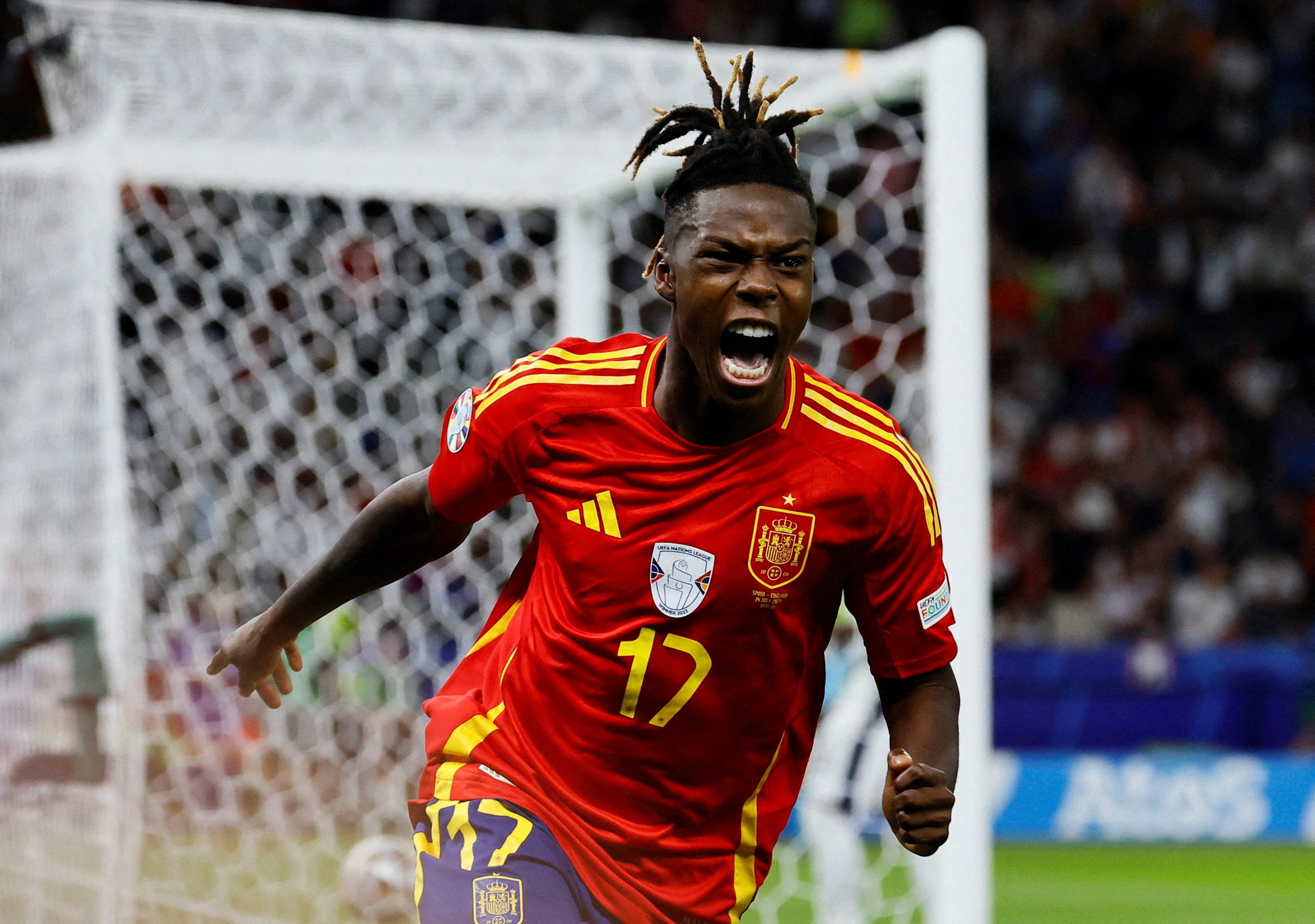 336765 Spain's Nico Williams celebrates scoring their first goal during the UEFA Euro 2024 final match between Spain and England, Berlin, Germany, July 14, 2024. (Reuters Photo)