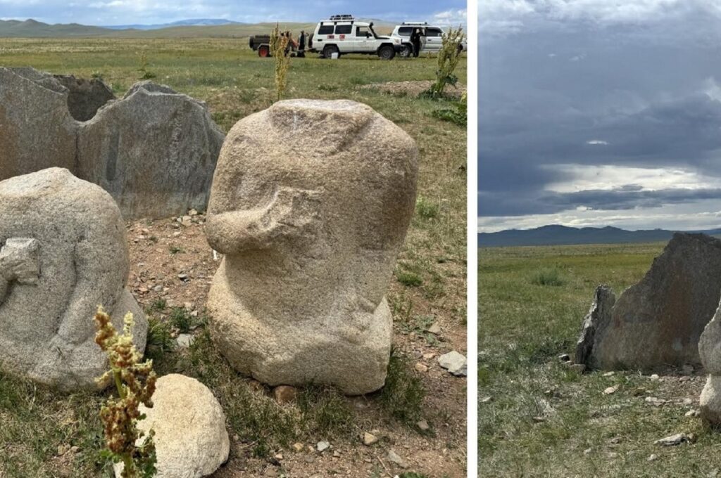 Human-shaped stone figures (known as "stonefathers") discovered in Mongolia to date serve as significant sources for explaining and determining the religion, culture, art, life and beliefs of the nomads during the periods they were made, Mongolia, July 16, 2024. (AA Photo)