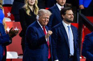 Republican presidential nominee and former President Donald Trump (L) alongside his vice presidential nominee J.D. Vance, look on during the evening session on the opening day of the Republican National Convention (RNC) at the Fiserv Forum, Milwaukee, Wisconsin, U.S., July 15, 2024. (EPA Photo)