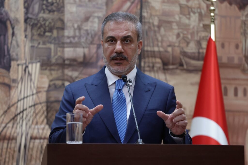 Foreign Minister Hakan Fidan attends a press conference with Saudi Arabian Foreign Minister Prince Faisal bin Farhan Al Saud after their meeting in Istanbul, Türkiye, July 14, 2024. (EPA Photo)