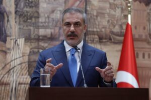 Foreign Minister Hakan Fidan attends a press conference with Saudi Arabian Foreign Minister Prince Faisal bin Farhan Al Saud after their meeting in Istanbul, Türkiye, July 14, 2024. (EPA Photo)