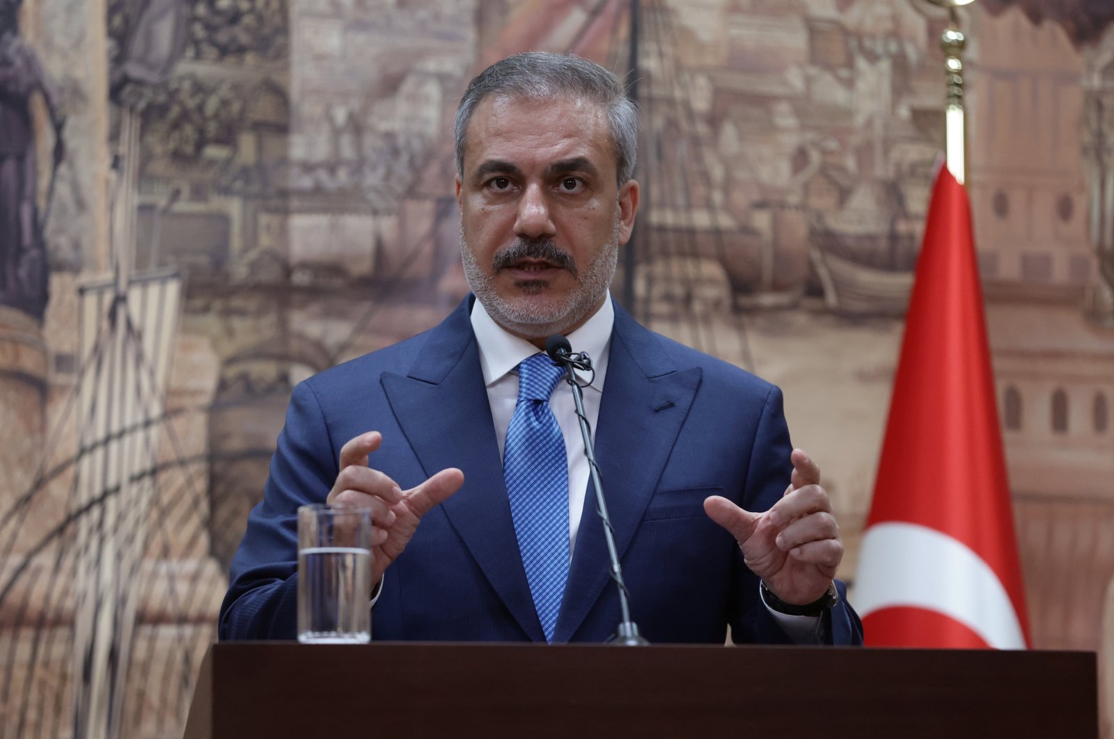 Foreign Minister Hakan Fidan attends a press conference with Saudi Arabian Foreign Minister Prince Faisal bin Farhan Al Saud after their meeting in Istanbul, Türkiye, July 14, 2024. (EPA Photo)