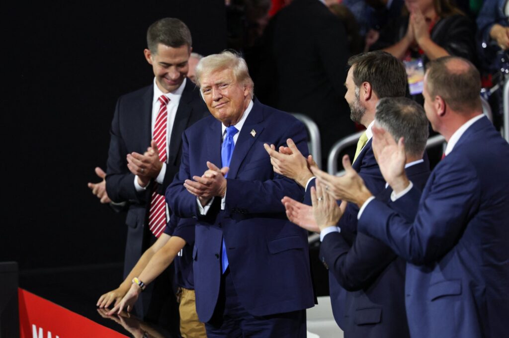 Republican presidential nominee and former U.S. President Donald Trump and Republican vice presidential nominee J.D. Vance applaud on Day 2 of the Republican National Convention (RNC), at the Fiserv Forum, Milwaukee, Wisconsin, U.S., July 16, 2024. (Reuters Photo)