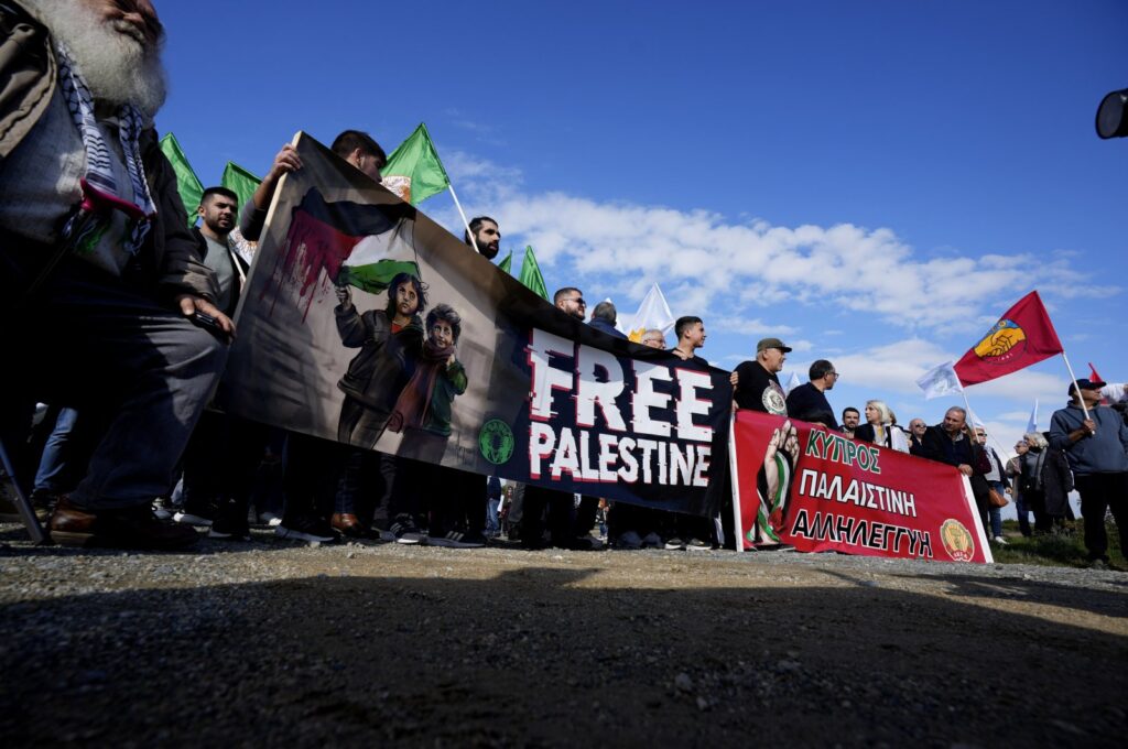 Demonstrators condemn Israel in a protest outside British base RAF Akrotiri in Limassol, Cyprus, Jan. 14, 2024. (AP Photo)