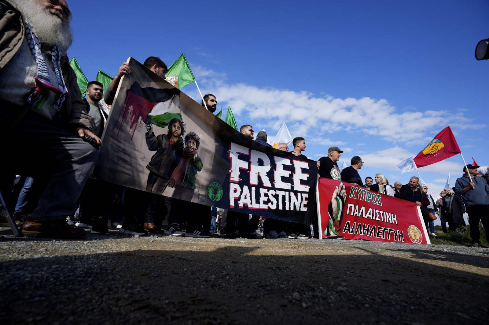 Demonstrators condemn Israel in a protest outside British base RAF Akrotiri in Limassol, Cyprus, Jan. 14, 2024. (AP Photo)