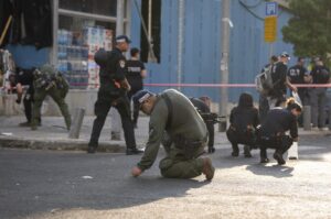 Israeli police investigate the scene of an explosive drone attack, Tel Aviv, Israel, July 19, 2024. (AP Photo)