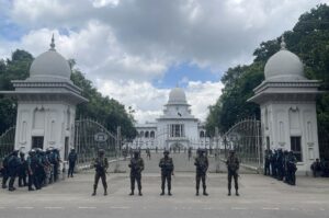 Armed Bangladeshi soldiers stand guard outside the Supreme Court in Dhaka, Bangladesh, July 21, 2024. (EPA Photo)